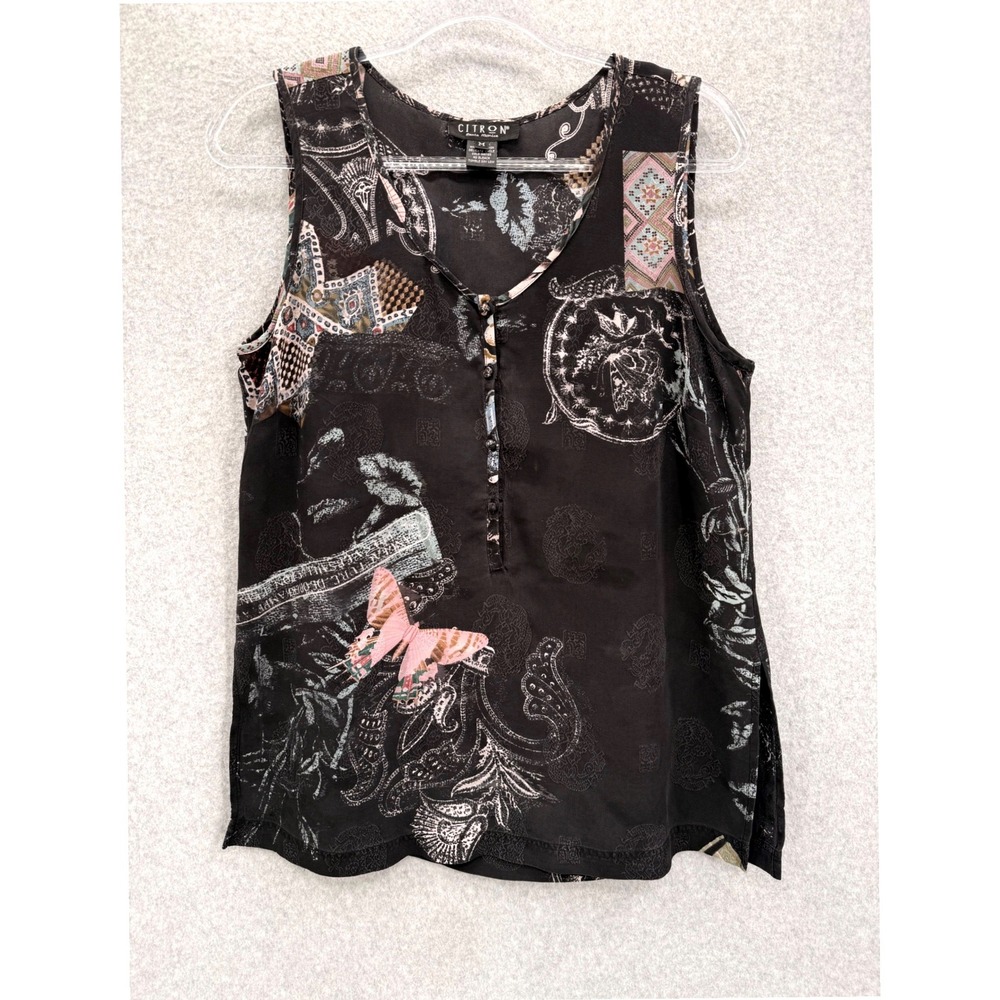 Citron Santa Monica Tank Top Women M Black Silk Butterfly Asian Art Sleeveless